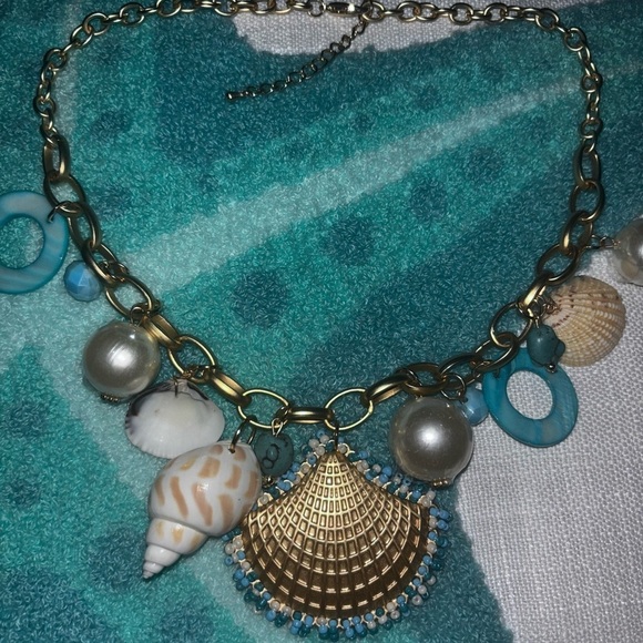 Jewelry - Gold and Blue Shell Charm Necklace